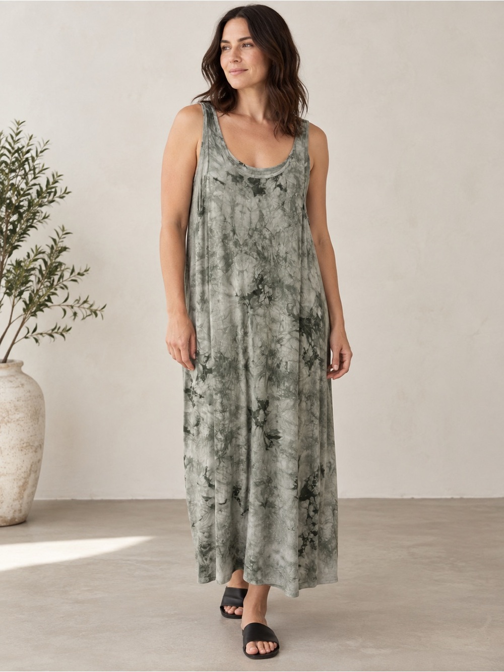 Papillon Womens size XXL Gray Green Tie Dye Maxi Dress Sleeveless Boho Lagenlook